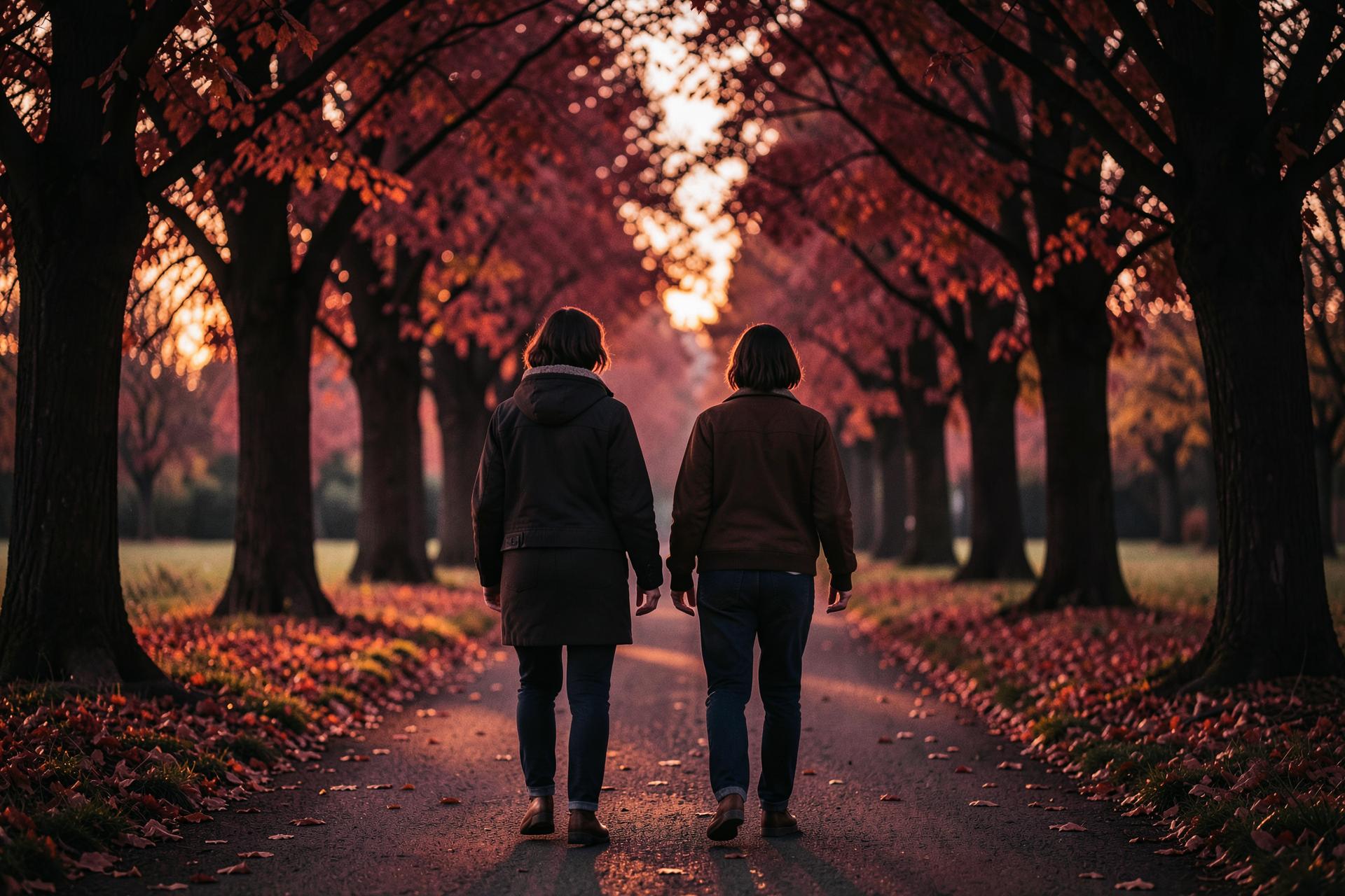 A couple walking side by side down a tree-lined autumn path