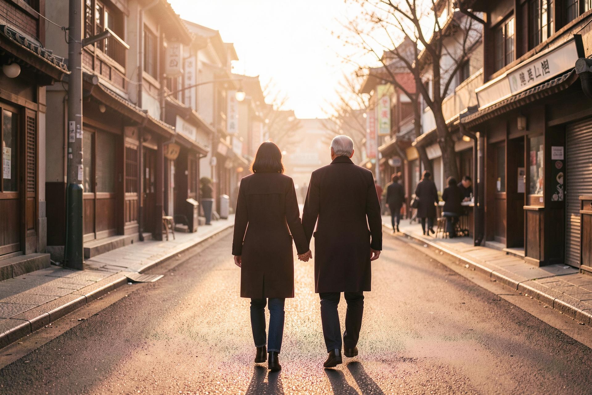 A couple walking side by side through a Seoul street at golden hour